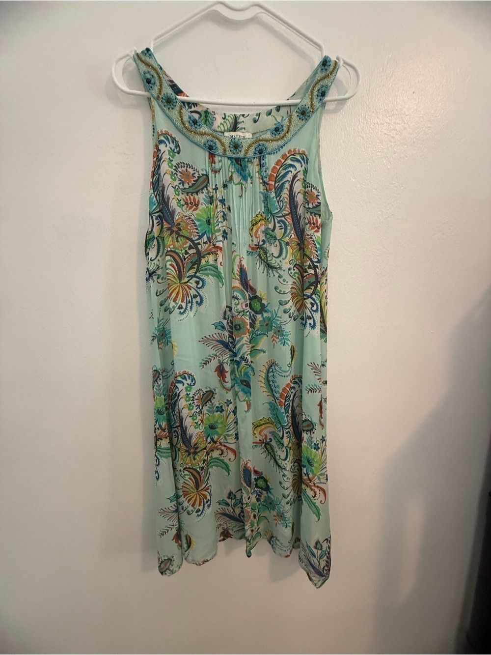 Marvin beaded Mint Floral Paisley Sleeveless Mini Dress, wedding guest